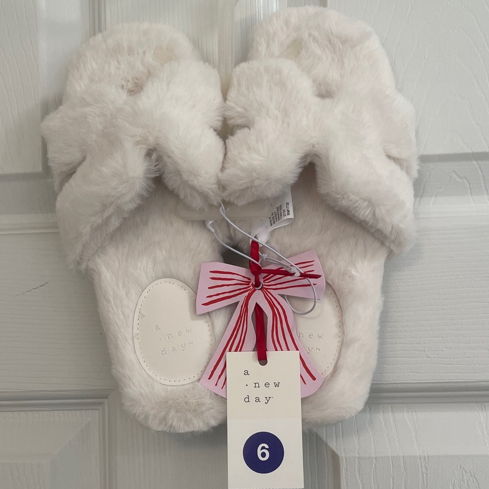 A New Day White Fuzzy Slippers